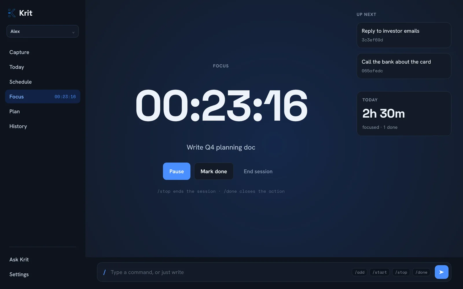 The Focus screen: a large timer with Pause, Mark done and End session