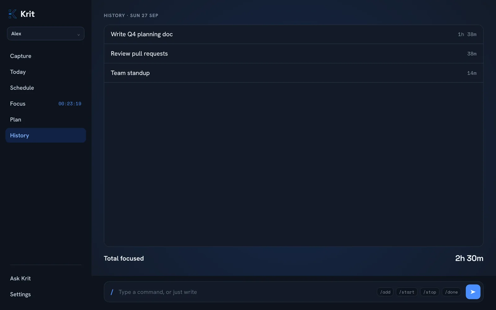 The History screen listing time per action and the total focused