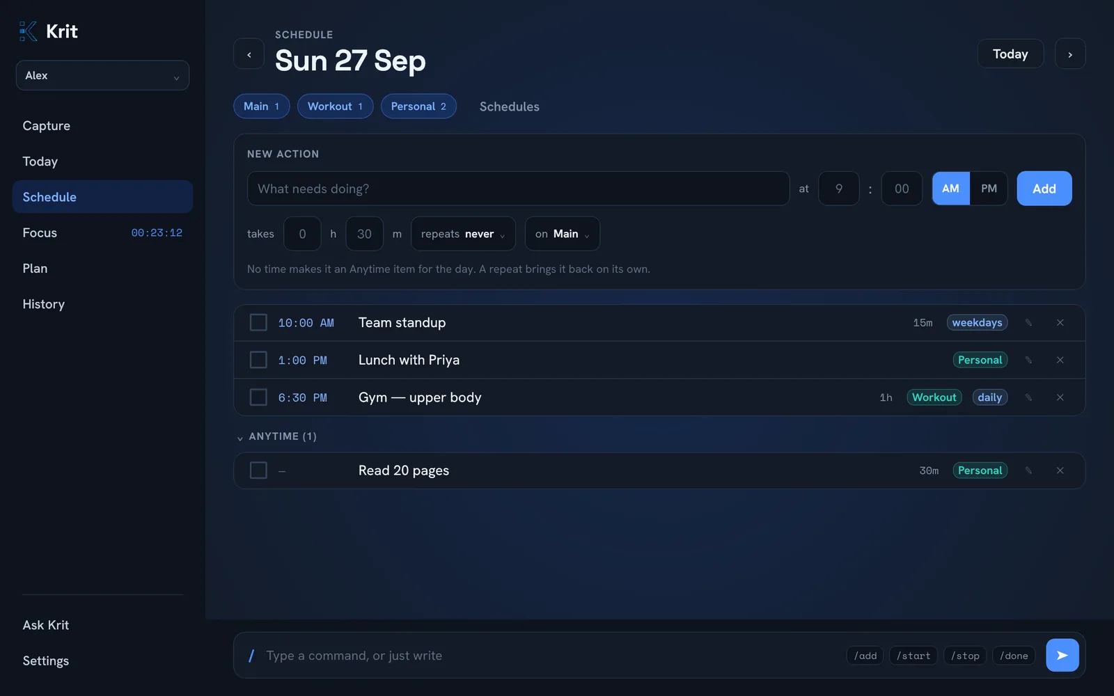 The Schedule screen with schedule chips, a timeline and an Anytime group