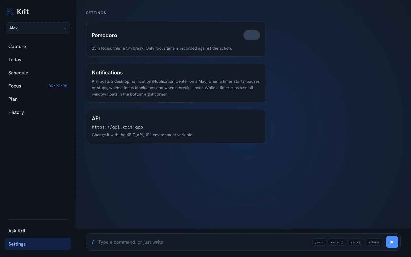 Krit Settings: Pomodoro, notifications and the account address