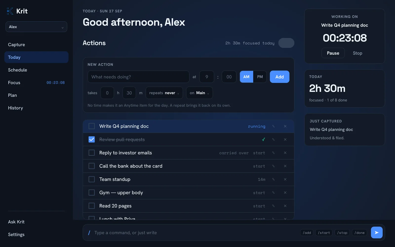 Krit on a Mac: the Today screen with a running timer